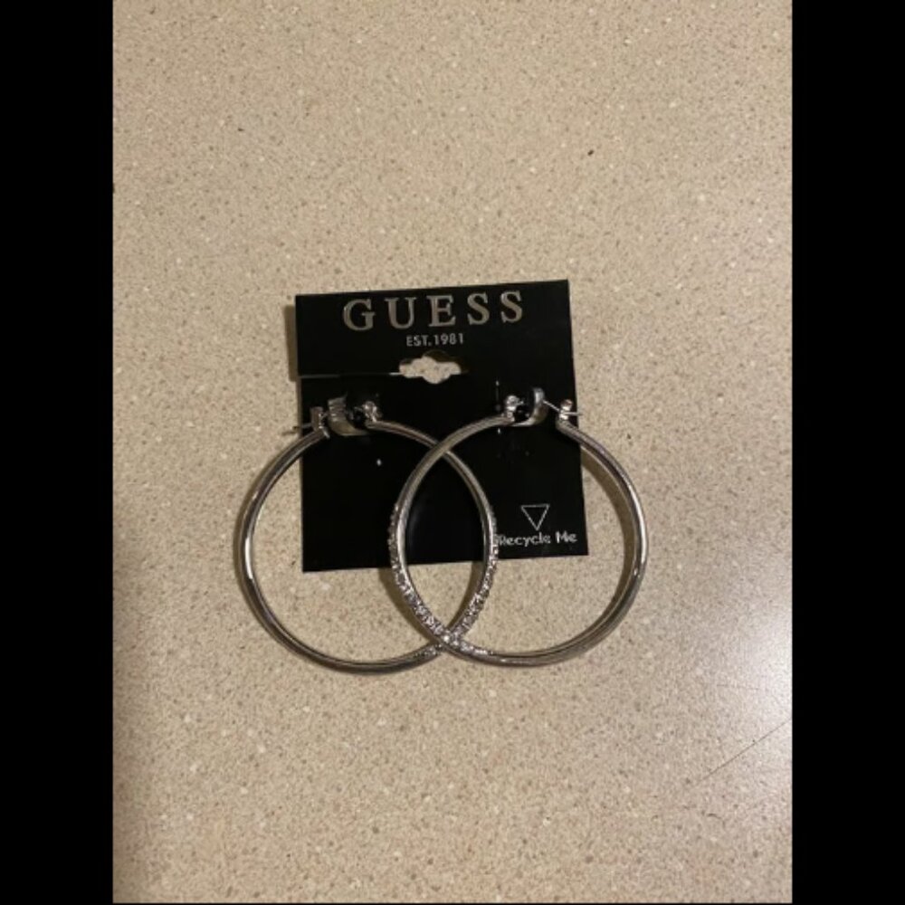 Guess Silvertone Crystal Glass Stone Front Hoop Earrings